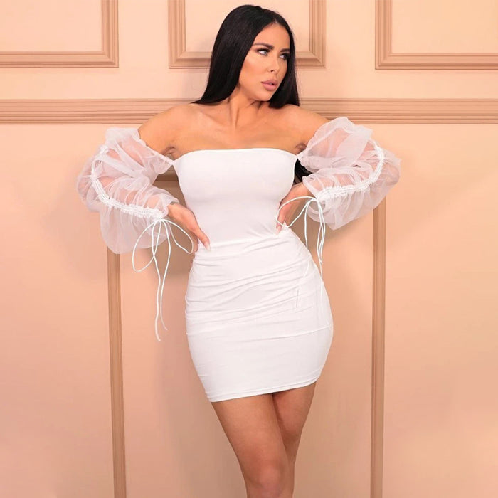 One Line Neck Slim Long Sleeve Dress