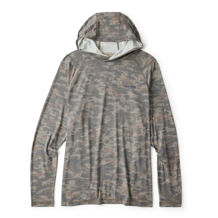 Orvis DriCast men's lightweight camo print sun hoodie with long sleeves and UPF 50+ protection.