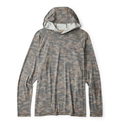 Orvis DriCast men's lightweight camo print sun hoodie with long sleeves and UPF 50+ protection.