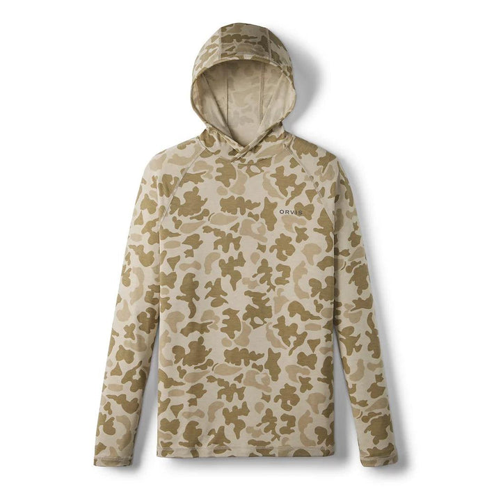 Orvis DriCast men's lightweight sun-protection hoodie in a tan and brown camouflage print with long sleeves.