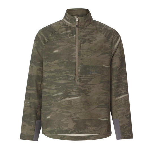 Orvis Men's PRO LT camo softshell pullover with a three-quarter zip, stand-up collar, and durable stretch fabric.