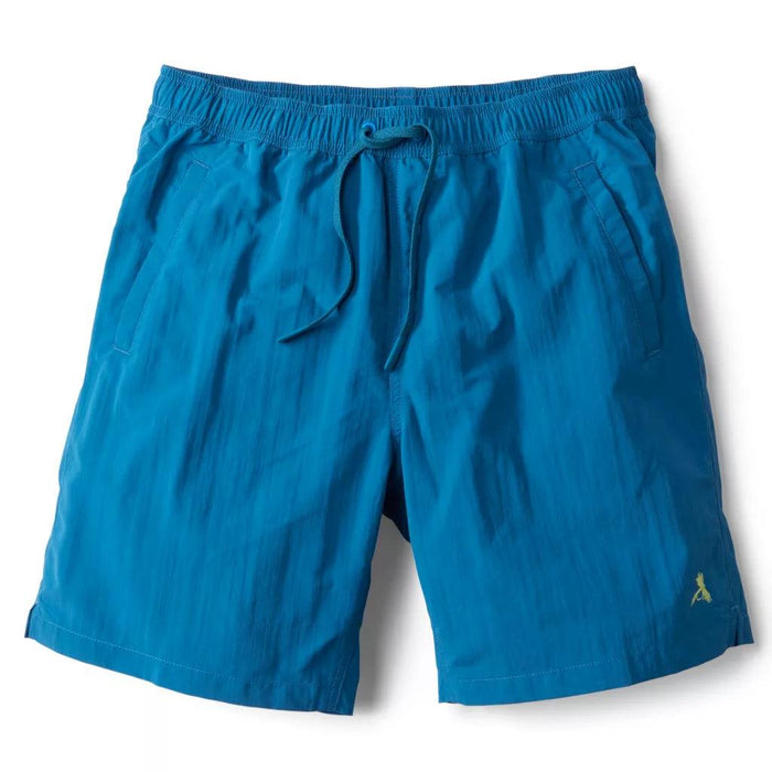 Blue Orvis Ultralight swim shorts in quick-drying recycled nylon with an elastic drawstring waist and side pockets.