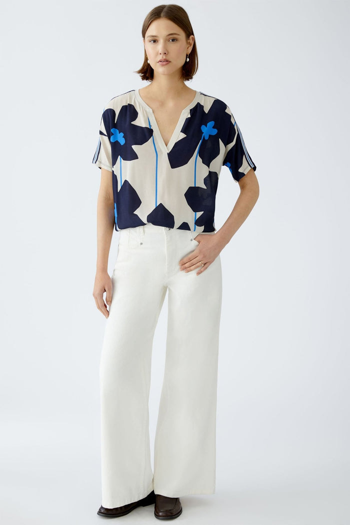 Oui 91970 Light Stone Blue Flower Print Blouse Top - Dotique