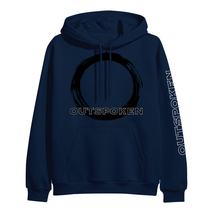 Navy blue Outspoken hoodie featuring a large black brushstroke circle and bold "OUTSPOKEN" across the chest, with "OUTSPOKEN" also printed vertically on the left sleeve.