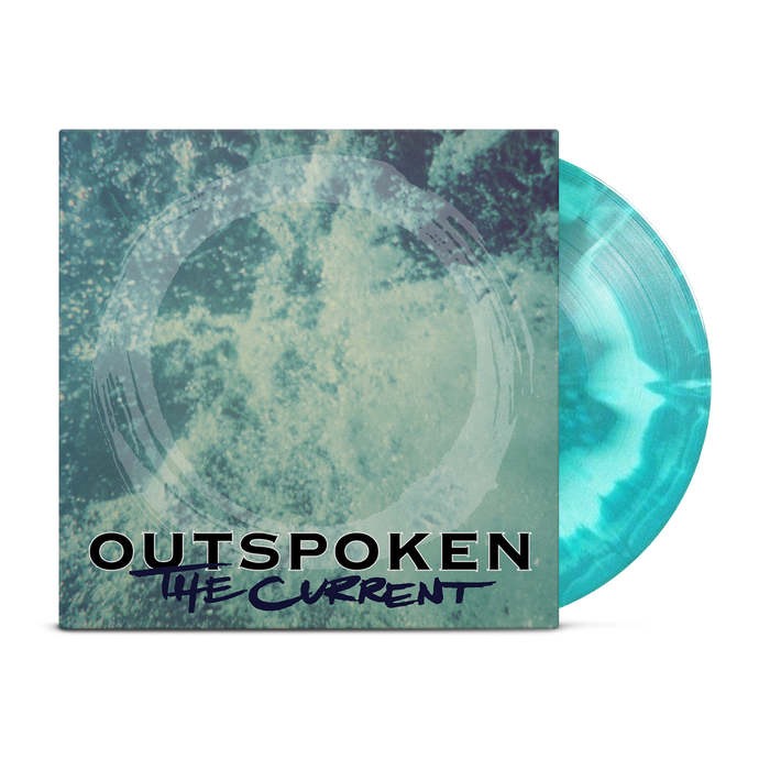 A turquoise vinyl record partially slides out of its sleeve. The sleeve features abstract blue and teal artwork with "Outspoken" in bold black letters and the brand name below in a blue handwritten font.