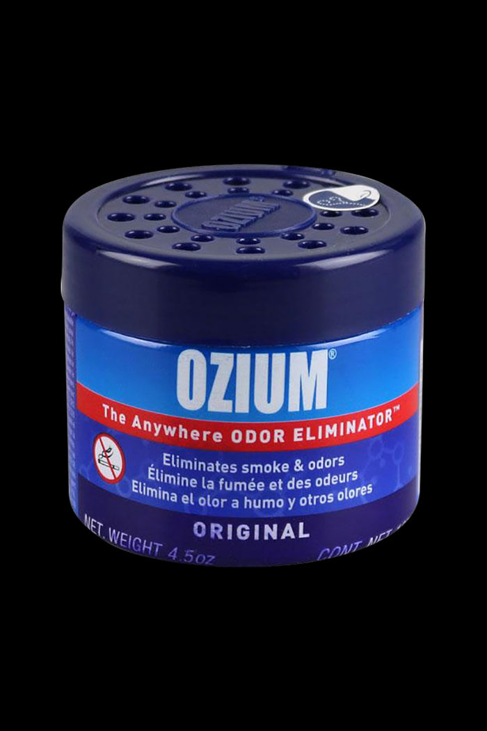 Front view of a blue can of Ozium Odor Eliminator Gel with vented lid and bold "OZIUM" label against a black background.