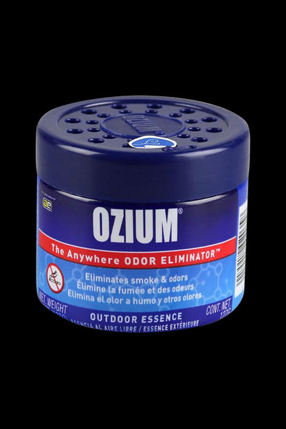 Front-facing shot of an Ozium Odor Eliminator Gel canister with a perforated dark blue lid and blue label reading "OZIUM" against a black background.