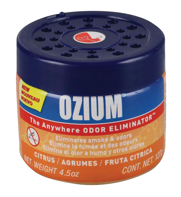 Angled front view of a blue-lidded Ozium Odor Eliminator Gel canister showing the citrus label, vented top, and bold OZIUM logo.