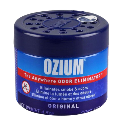 Front-facing studio shot of a blue Ozium Odor Eliminator Gel canister with a perforated dark blue lid and bold white logo on the label.
