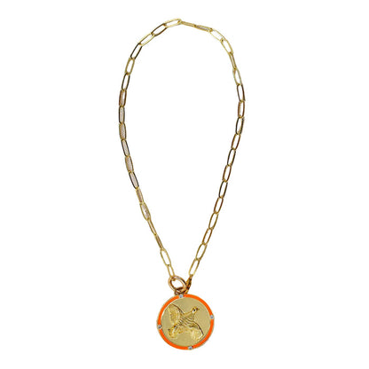 14K gold-plated paperclip chain necklace featuring an embossed quail medallion with orange enamel and white zircon accents.