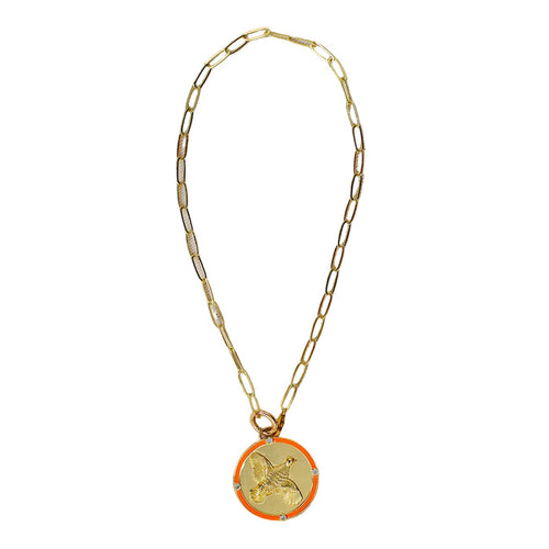 14K gold-plated paperclip chain necklace featuring an embossed quail medallion with orange enamel and white zircon accents.