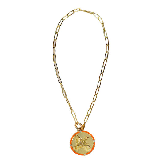 14K gold-plated paperclip chain necklace featuring an embossed quail medallion with orange enamel and white zircon accents.
