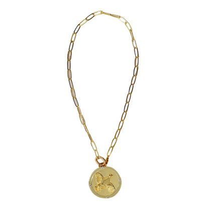 14K gold-plated paperclip chain necklace featuring an embossed quail medallion with four white zircon accents.