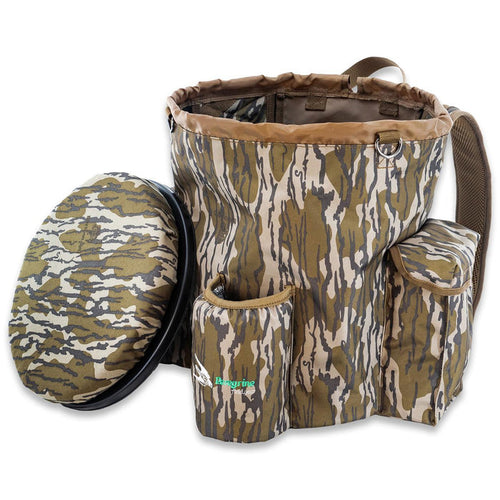 Camo bucket backpack with side gear pockets, insulated drink holder, and a matching silent spinning seat lid.