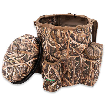 Camo bucket backpack carrier with side gear pockets, insulated drink holder, and a matching silent spinning seat lid.