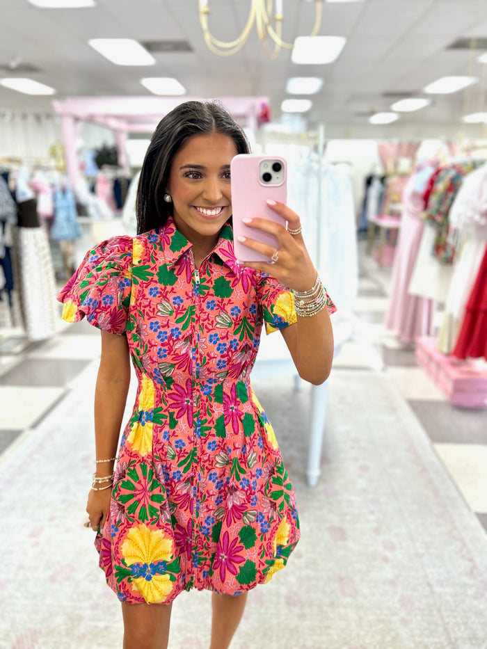 Petal Pop Floral dress (Coral/Yellow/Green)