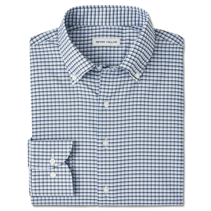 Peter Millar blue and black plaid performance twill button-down shirt with a French placket and barrel cuffs.