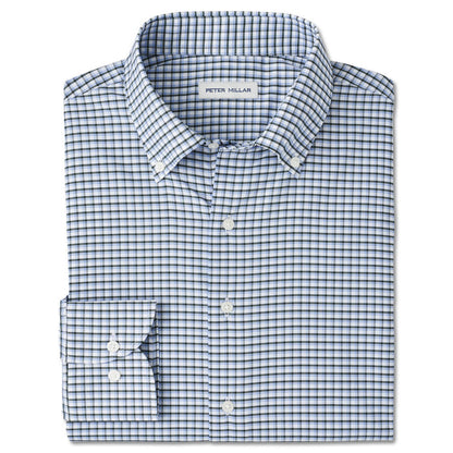 Peter Millar blue and black plaid performance twill button-down shirt with a French placket and barrel cuffs.