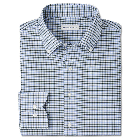 Peter Millar blue and black plaid performance twill button-down shirt with a French placket and barrel cuffs.