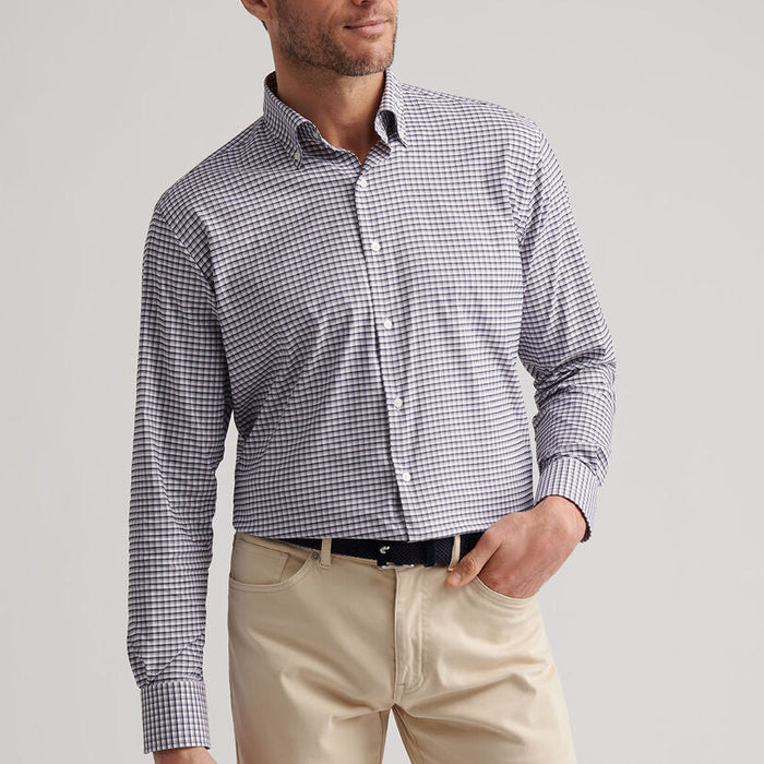 Peter Millar performance twill sport shirt in a blue and white micro-check pattern with a button-down collar.