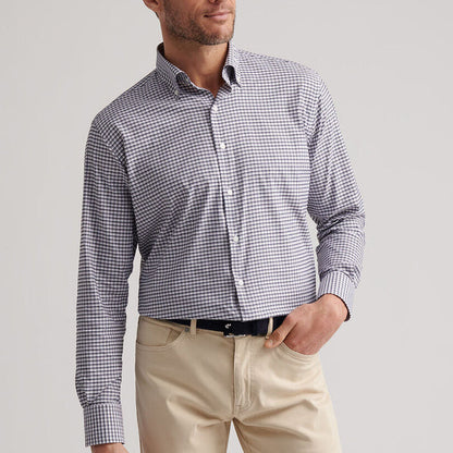 Peter Millar performance twill sport shirt in a blue and white micro-check pattern with a button-down collar.