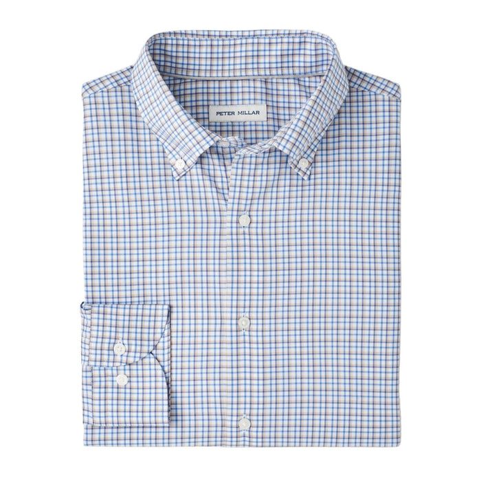 Peter Millar Julian Crown Lite blue and tan plaid button-down sport shirt in a stretch cotton-blend fabric.