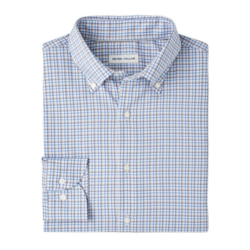 Peter Millar Julian Crown Lite blue and tan plaid button-down sport shirt in a stretch cotton-blend fabric.