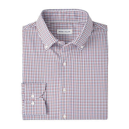 Peter Millar Julian Crown Lite button-down sport shirt in a red and navy blue plaid cotton-stretch fabric.