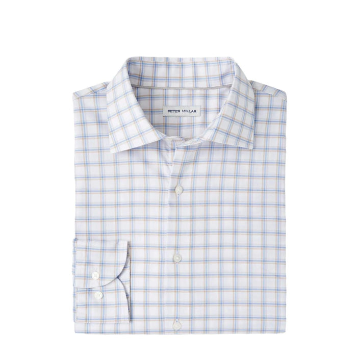 Peter Millar Lenox Crown Lite sport shirt in a white, blue, and tan plaid cotton-stretch fabric with a spread collar.
