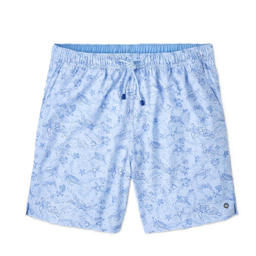 Peter Millar light blue swim trunks with a sea turtle and starfish print, featuring an elastic drawstring waistband.