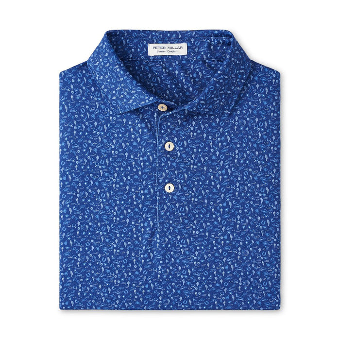Peter Millar blue performance polo with oyster print, spread collar, and three-button placket in Summer Comfort fabric.
