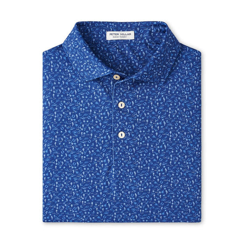 Peter Millar blue performance polo with oyster print, spread collar, and three-button placket in Summer Comfort fabric.