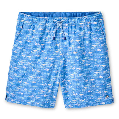 Peter Millar blue swim trunks with a fish print, elastic drawstring waistband, and 7-inch inseam in quick-dry stretch fabric.