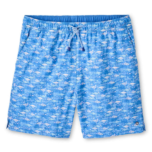 Peter Millar blue swim trunks with a fish print, elastic drawstring waistband, and 7-inch inseam in quick-dry stretch fabric.