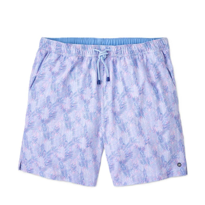 Peter Millar swim trunks in light blue and pink palm print with an elastic drawstring waist and 7-inch inseam.