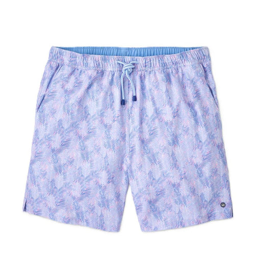 Peter Millar swim trunks in light blue and pink palm print with an elastic drawstring waist and 7-inch inseam.