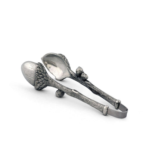 Pewter and stainless steel nut tongs featuring a detailed acorn and twig design, 4 inches long.