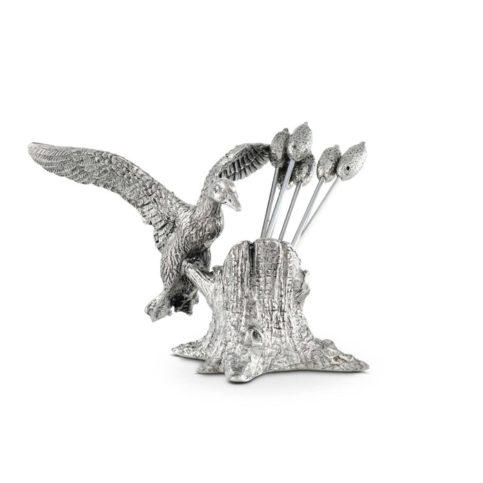 Pewter mallard duck cheese pick set featuring a detailed tree stump base and cattail-topped stainless steel picks.