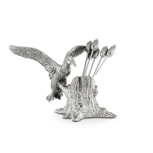 Pewter mallard duck cheese pick set featuring a detailed tree stump base and cattail-topped stainless steel picks.