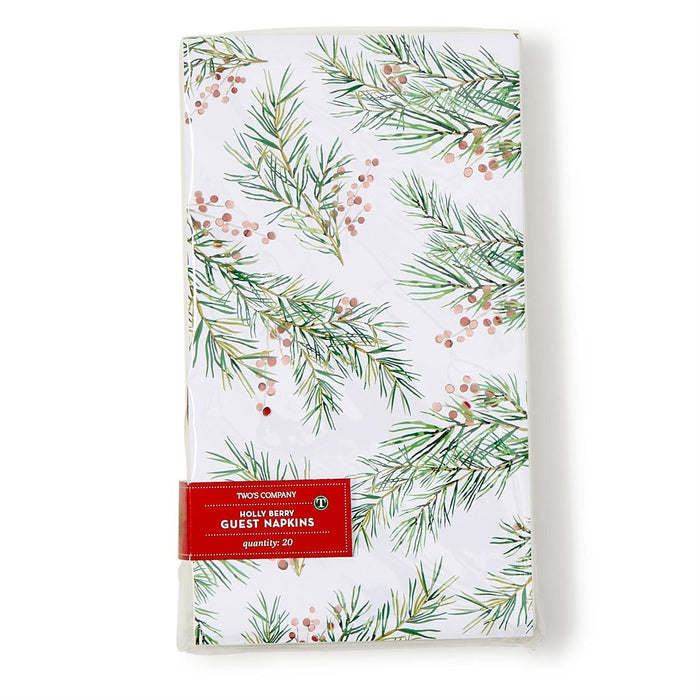 Pack of 20 three-ply paper guest napkins featuring a festive pine and berry botanical print in plastic packaging.