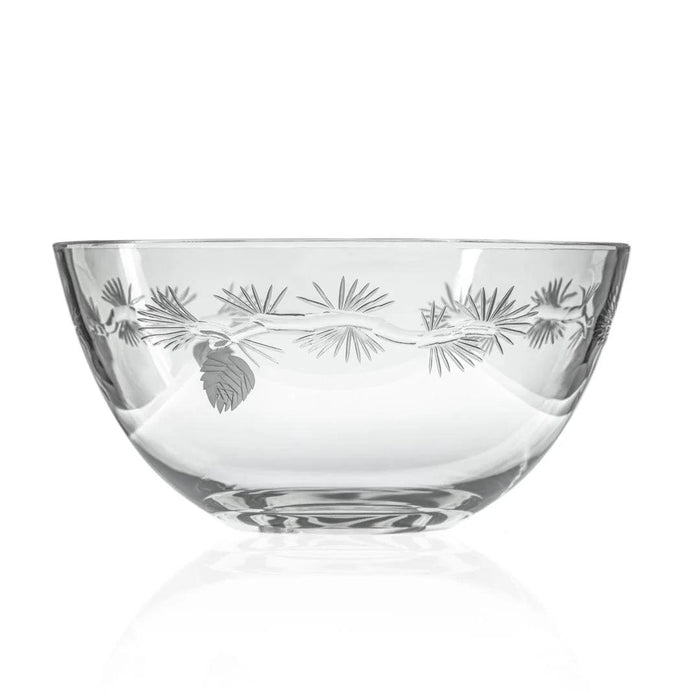 Large clear glass bowl featuring intricate diamond-engraved pinecone and branch motifs for a winter woodland aesthetic.