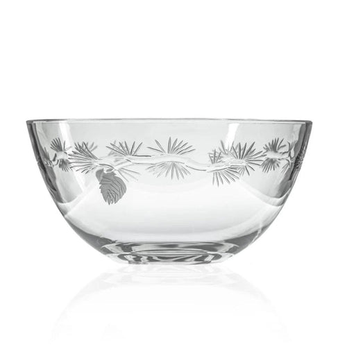 Large clear glass bowl featuring intricate diamond-engraved pinecone and branch motifs for a winter woodland aesthetic.