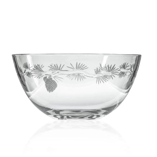 Large clear glass bowl featuring intricate diamond-engraved pinecone and branch motifs for a winter woodland aesthetic.