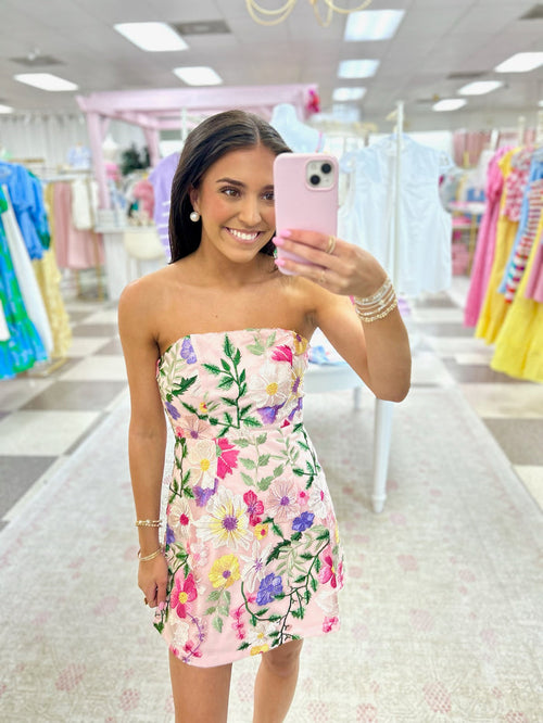Pink Embroidered Flower Strapless Mini Dress