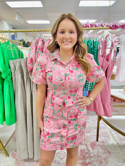 Pink Floral Belted Mini Dress