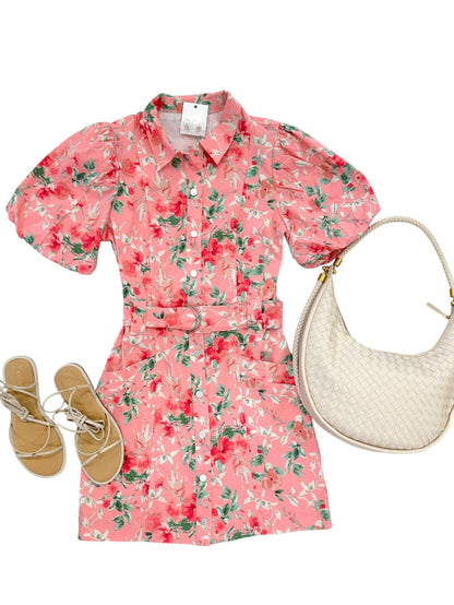 Pink Floral Belted Mini Dress