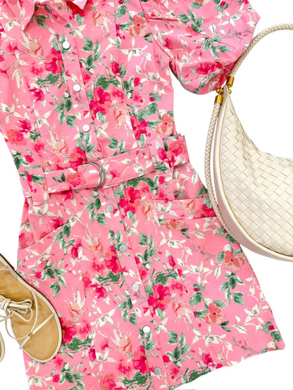 Pink Floral Belted Mini Dress