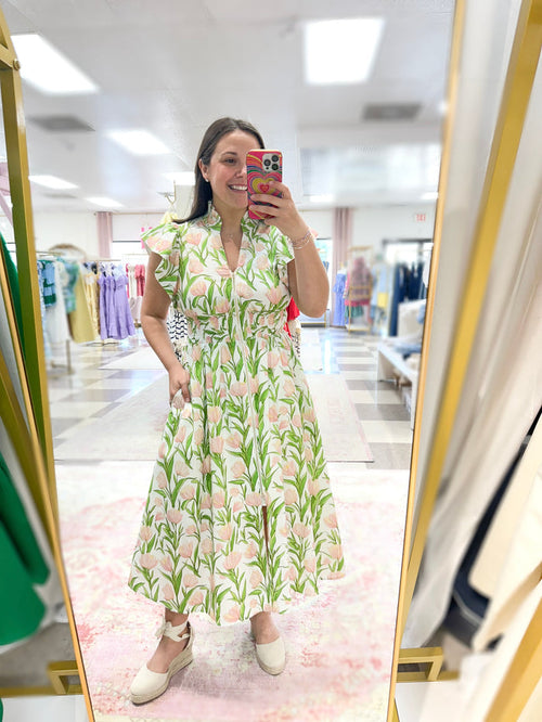 Pink Flowers Zip Midi Dress