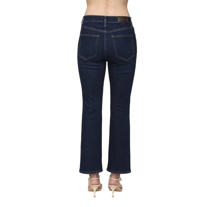 Back view of Pistola high-rise cropped bootcut jeans in dark wash denim with a leather waistband patch.