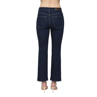 Back view of Pistola high-rise cropped bootcut jeans in dark wash denim with a leather waistband patch.